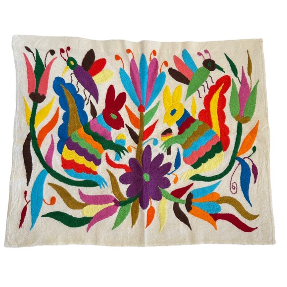Handmade Other - Otomi Tenango, Mexican Hand Embroidered Vintage Cloth Rabbits Bugs 17" x 14"
